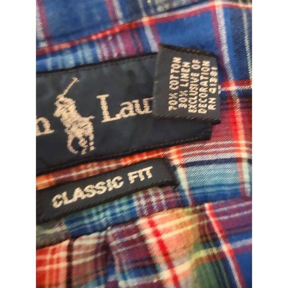 Polo ralph lauren Linen blend Multicolor plaid mens medium button shirt pony - Picture 3 of 6